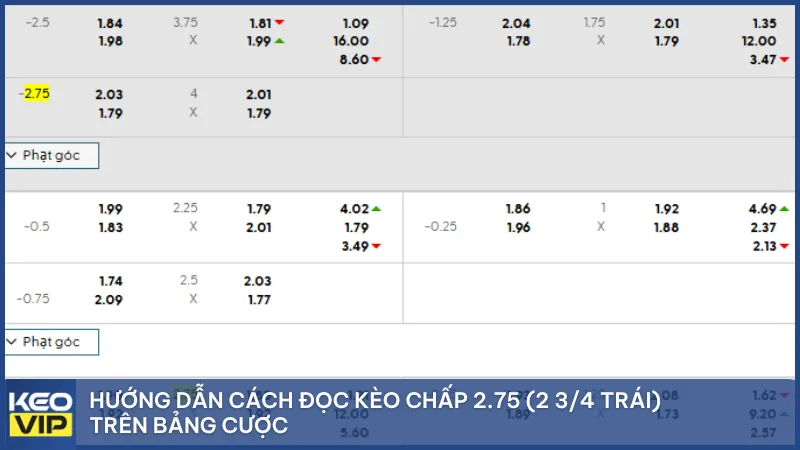 Ảnh chụp bảng tỷ lệ kèo với ví dụ cụ thể về kèo chấp 2.5–3 (2.75).