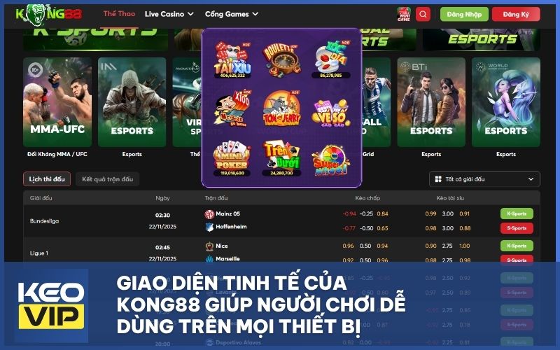 Giao diện tinh tế của KONG88 giúp người chơi dễ dùng trên mọi thiết bị
